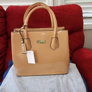 Small tan patent drop handle zip top bag